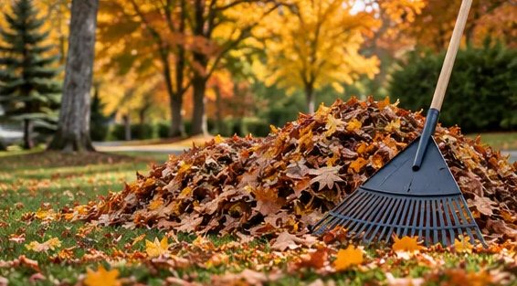 Rake and a pile of fall leaves on a lawn