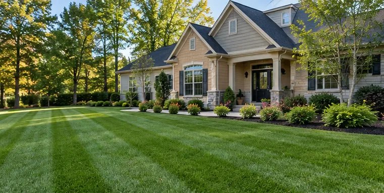 Striped front lawn and planted beds in front of a house