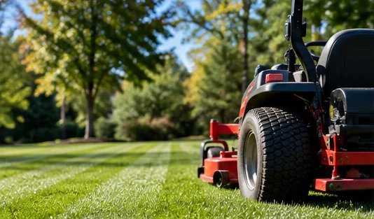 Riding mower on a freshly striped lawn