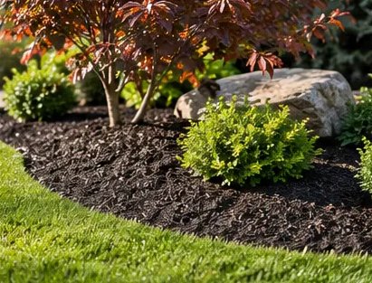 Curved mulch bed with a Japanese maple and boulder