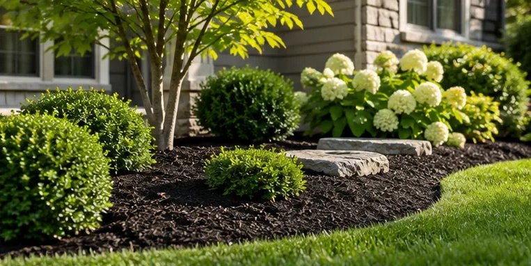 Trimmed shrubs and a fresh black mulch bed