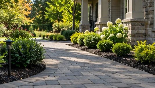 Paver walkway lined with mulched beds and hydrangeas