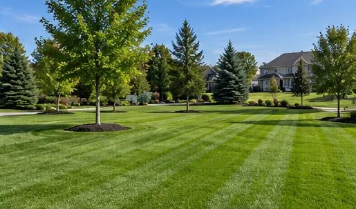 Wide, healthy striped lawn with young trees